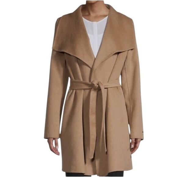 TAHARI Women's Wool-Blend Wrap Coat Camel Size Large Classic Minimal - Picture 1 of 7